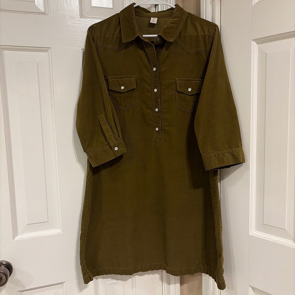 Old Navy Womens Corduroy Western Shirt Dress Olive Green L Snap Front Cotton
